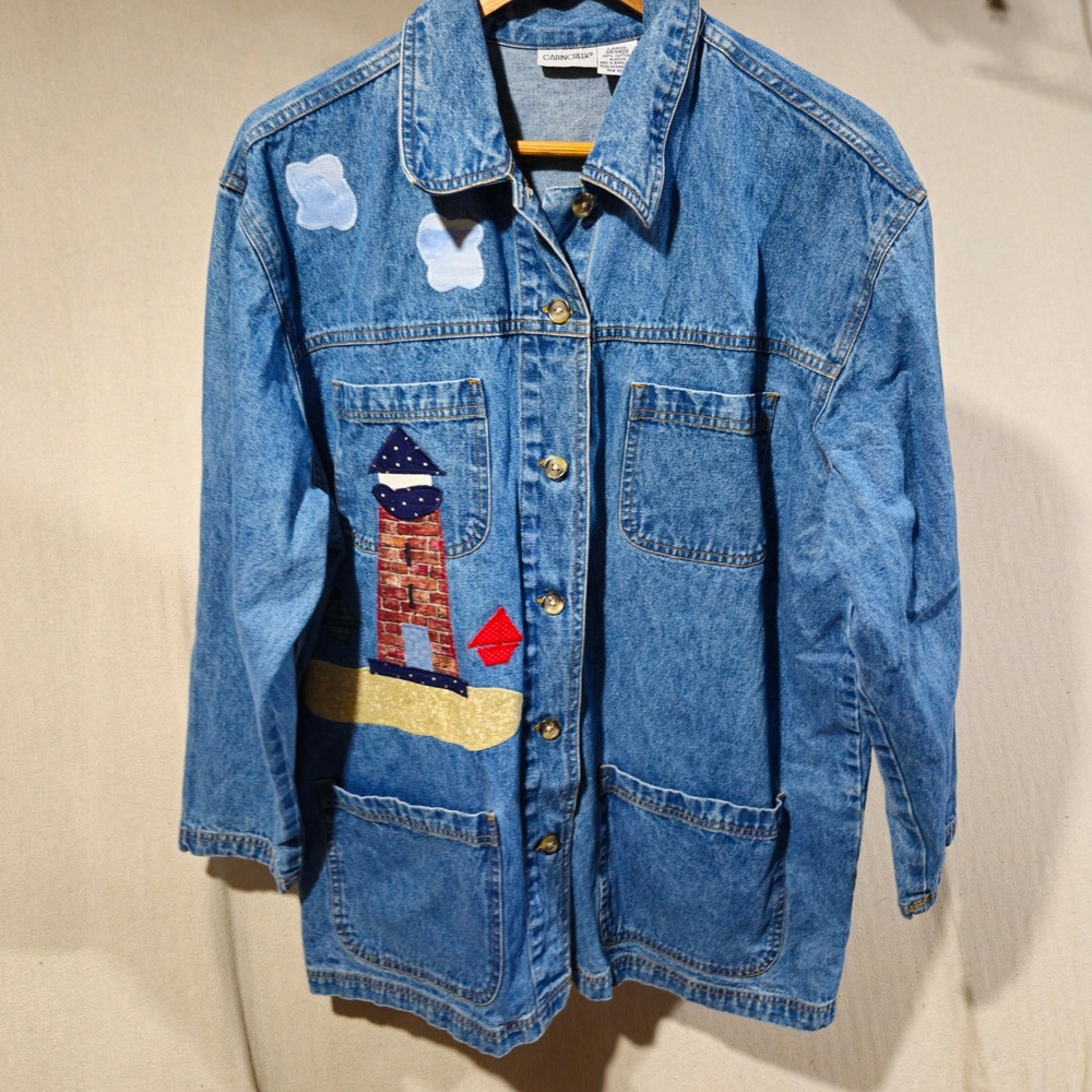 Cabin Creek Vintage Denim Chore Coat Lighthouse Applique Nautical Jacket Large